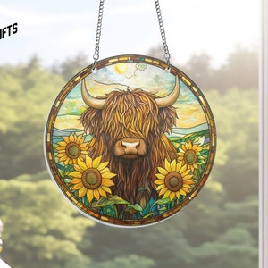 Sunflowers Highland cow Suncatcher, Highland Window Hangings, Cow lover gifts, Farmhouse decor, Farm Ornament, Housewarming, Indoor Decor