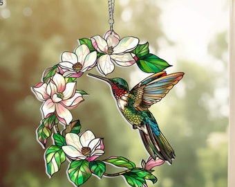 Hummingbird Flower Acrylic Window Hanging Sign, Stained Glass Window Hanging,Wall Art, Mother's day Gift, Humingbird Lovers Gift, Bird Gift