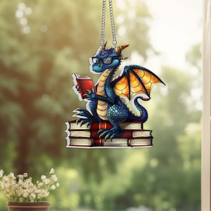 Book Dragon Suncatcher Ornament, Fantasy Dragon Acrylic Window Hanging, Dragon Wall Window Hanging Art Decoration, Book Lover Feeder Decor