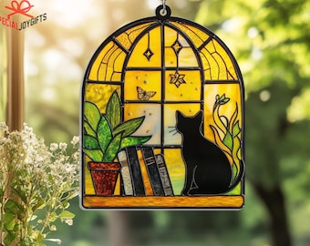 Black Cat And Book Acrylic Suncatcher Window Hanging, Book Window Decor, Book Lover Gift, Bookish Ornament, Cat Indoor Decor, Librarian Gift