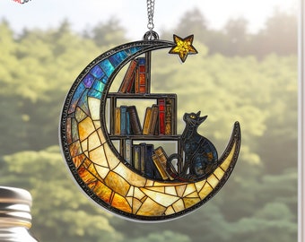 Cat Book On The Moon Acrylic Suncatcher Window Hanging, Book Window Decor, Book Lover Gifts, Book Ornament, Indoor Decor, Librarian Gifts