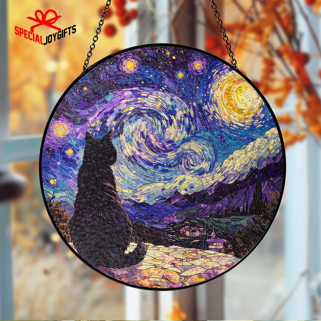 Cat Memorial Stained Glass, Black Cat Glass Suncatcher,mothers Day Gift ...