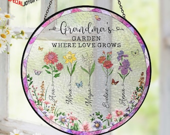 Personalized Grandma's Garden Gift For Grandma, Grandma Gifts, Mother's Day Gift For Grandma, Nana Birth Month Flower Stain Glass Suncatcher