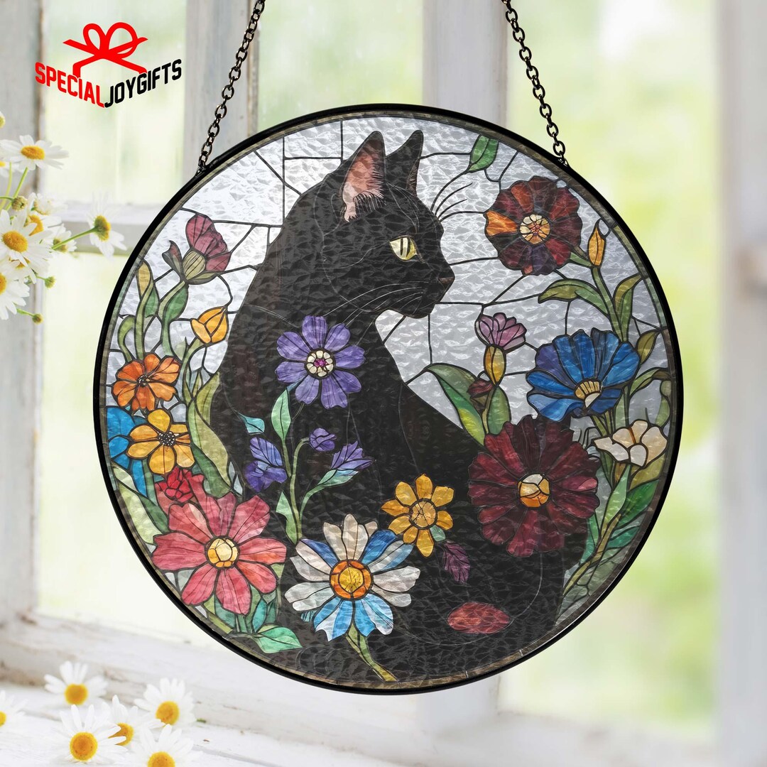 Black Cat Flowers Stained Glass Suncatcher With Stand, Black Cat ...