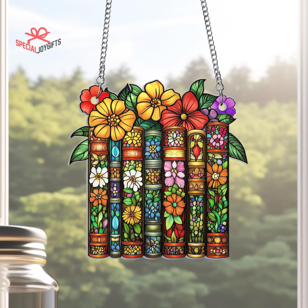 Bookworm Window Display Book Suncatcher Window Hanging, Christmas Flower Book Window Decor ...