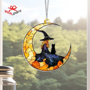 Witch Ornament, Witch And Black Cat ACRYLIC Suncatcher, Moon Ornament, Halloween Decoration, Handcrafted Witch Decor, Spooky Home Accents