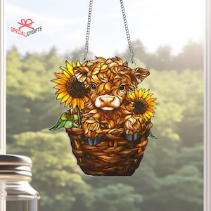 Sunflower Highland Cow Acrylic Suncatcher Window Hangings, Cow lover gifts, Farmhouse Decor, Housewarming Gift, Highland Cow Suncatcher