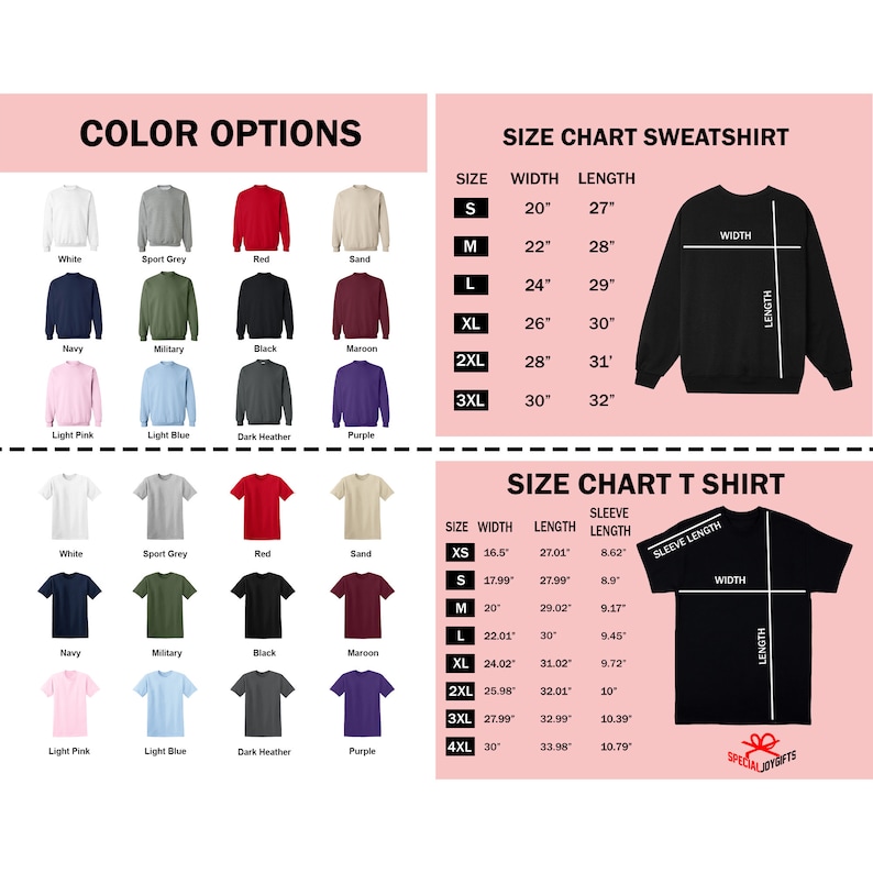 Pu&ograve; includere: Tabella delle taglie per felpe e t-shirt con opzioni di colore. La tabella mostra le misure di larghezza e lunghezza in pollici per ogni taglia, da XS a 4XL. Le opzioni di colore includono bianco, grigio sportivo, rosso, sabbia, blu navy, militare, nero, bordeaux, rosa chiaro, blu chiaro, grigio scuro e viola.