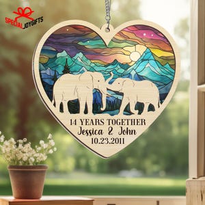 Personalized 14th Wedding Anniversary Suncatcher Ornament, 14th Anniversary Gift, 14 Years Anniversary, Ivory Anniversary, Wedding Elephant