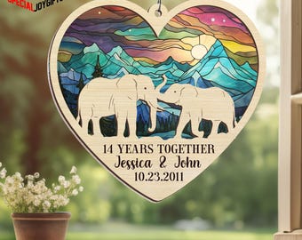 Personalized 14th Wedding Anniversary Suncatcher Ornament, 14th Anniversary Gift, 14 Years Anniversary, Ivory Anniversary, Wedding Elephant