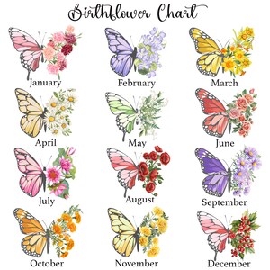 Puede incluir: Un gr&aacute;fico que muestra la flor de nacimiento para cada mes del a&ntilde;o. Cada mes est&aacute; representado por una mariposa con flores en sus alas. Las flores son diferentes para cada mes. Los meses est&aacute;n listados debajo de las mariposas: Enero, Febrero, Marzo, Abril, Mayo, Junio, Julio, Agosto, Septiembre, Octubre, Noviembre, Diciembre.