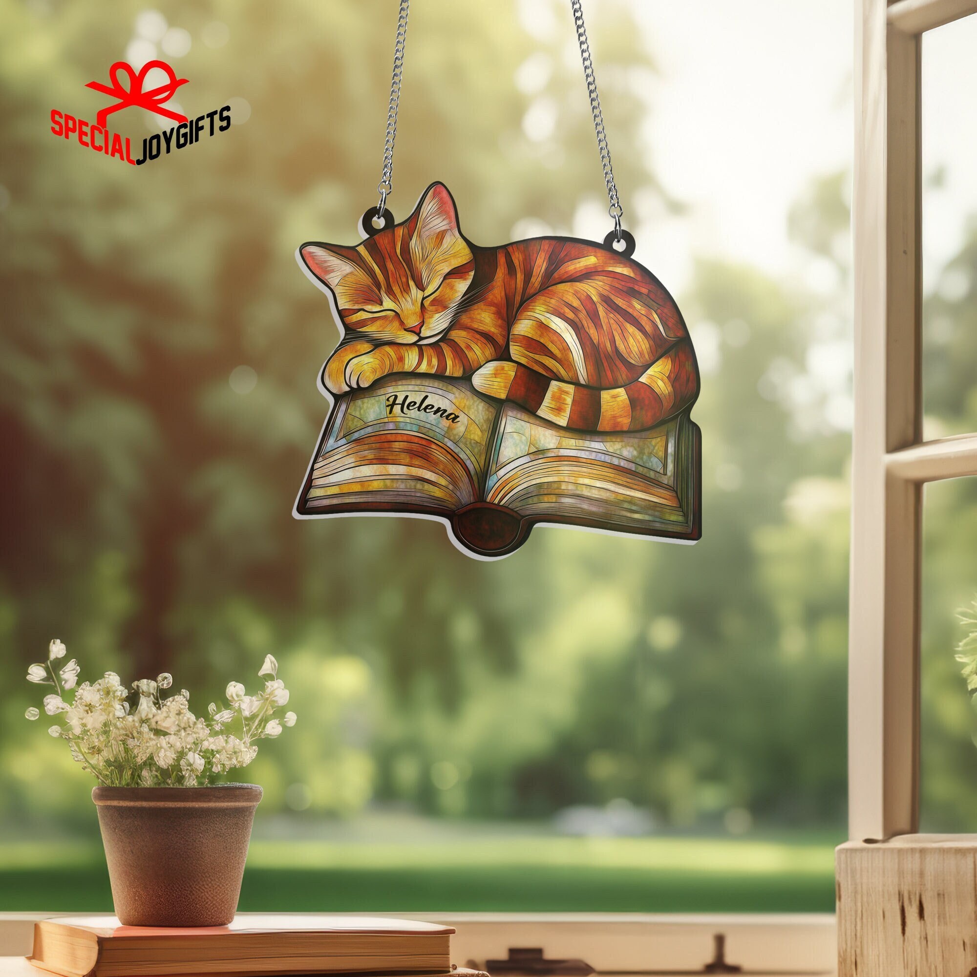 Orange Cat on Book Suncatcher Acrylic Window Hanging, Custom Reading Cat Ornament, Book Window Decor, Book Lover Gift, Librarian Gift