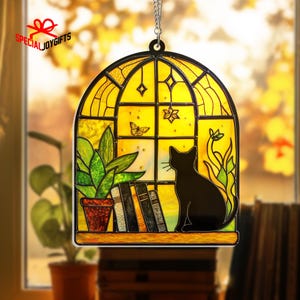 Black Cat And Book Acrylic Suncatcher Hanging, Ghost Reading Book Suncatcher, Book Lover Gift, Bookish Decor, Librarian Gift, Reading Gift