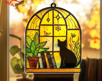 Black Cat And Book Acrylic Suncatcher Hanging, Ghost Reading Book Suncatcher, Book Lover Gift, Bookish Decor, Librarian Gift, Reading Gift
