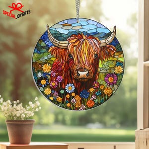 Floral Highland Cow ACRYLIC Suncatcher Window Hanging, Cow lover gift, Farmhouse decor, Stained Glass Ornament, Housewarming, Indoor Decor