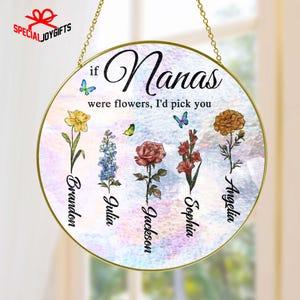 Personalized Grandma&#39;s Garden Stain Glass Suncatcher, Grandma Gift, Mothers Day Gift For Grandma, Nana Birth Month Flower, Birth Flower Gift