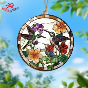 Hummingbirds and Wild Flowers Suncatcher Stained Glass,Suncatcher Window Hanging,Hummingbird Lovers,Window Hanging,Hummingbird Stained Glass