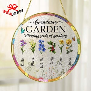 Grandma’s Garden Suncatcher Stained Glass, Grandma Gift, Mother&#39;s Day Gift For Grandma, Nana Birth Month Flower, Birth Flower Mom Gifts