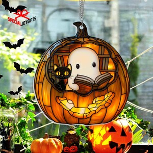 Cute Ghost Reading Book and Black Cat in Pumkin Acrylic Suncatcher, Ghost Acrylic Window Hanging, Spooky Bookish Halloween, Librarian Gifts