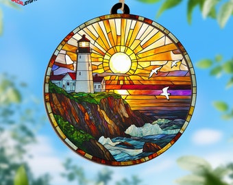 Colorful Lighthouse Suncatcher Ornament, Lighthouse Ornament, Housewarming Gift, Beach Decor, Christmas Decorations Suncatcher Ornament