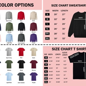 May include: A size chart for sweatshirts and t-shirts with measurements in inches. The chart shows the width, length, and sleeve length for different sizes, from XS to 3XL. The chart is displayed on a pink background with a black outline.