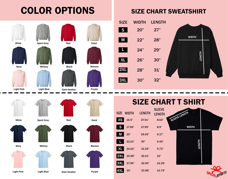 May include: A size chart for sweatshirts and t-shirts with measurements in inches. The chart shows the width, length, and sleeve length for different sizes, from XS to 3XL. The chart is displayed on a pink background with a black outline.