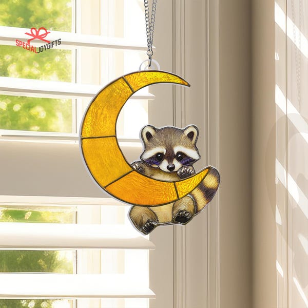 Raccoon On Moon Acrylic Suncatcher Window Hanging, Raccoon Suncatcher, Raccoon Lover Gift, Raccoon Lover, Raccoon Gift, Raccoon Home Decor
