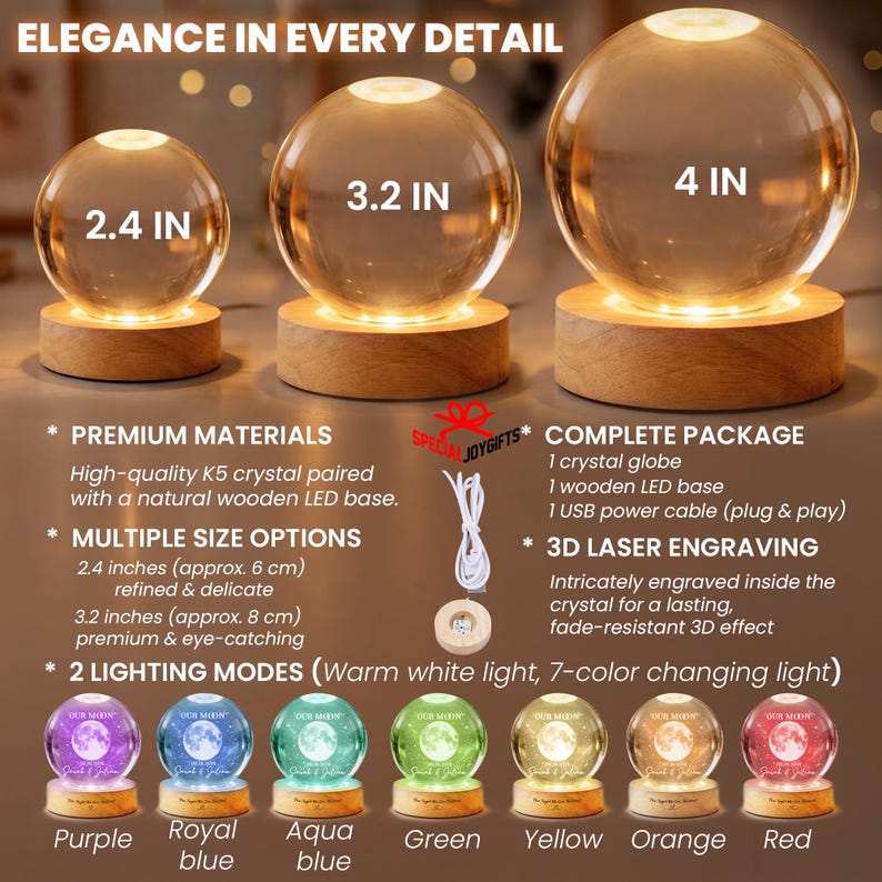 May include: Three clear crystal globes on round wooden LED bases, labeled 2.4 inches, 3.2 inches, and 4 inches. The image includes text detailing premium materials, size options, a USB cable, 3D laser engraving, and seven color-changing light modes.