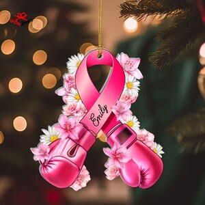 Personalized Breast Cancer Awareness 2D Flat Acrylic Ornament, Breast Cancer Ornament, Pink Boxing Gloves Ribbon Gift, Breast Cancer Gift