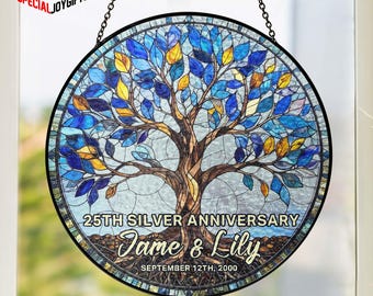 25th Silver Wedding Anniversary Stained Glass Suncatcher,Tree of Life 25th Gifts, 25th Wedding Anniversary Keepsake,25th Silver Wedding Gift