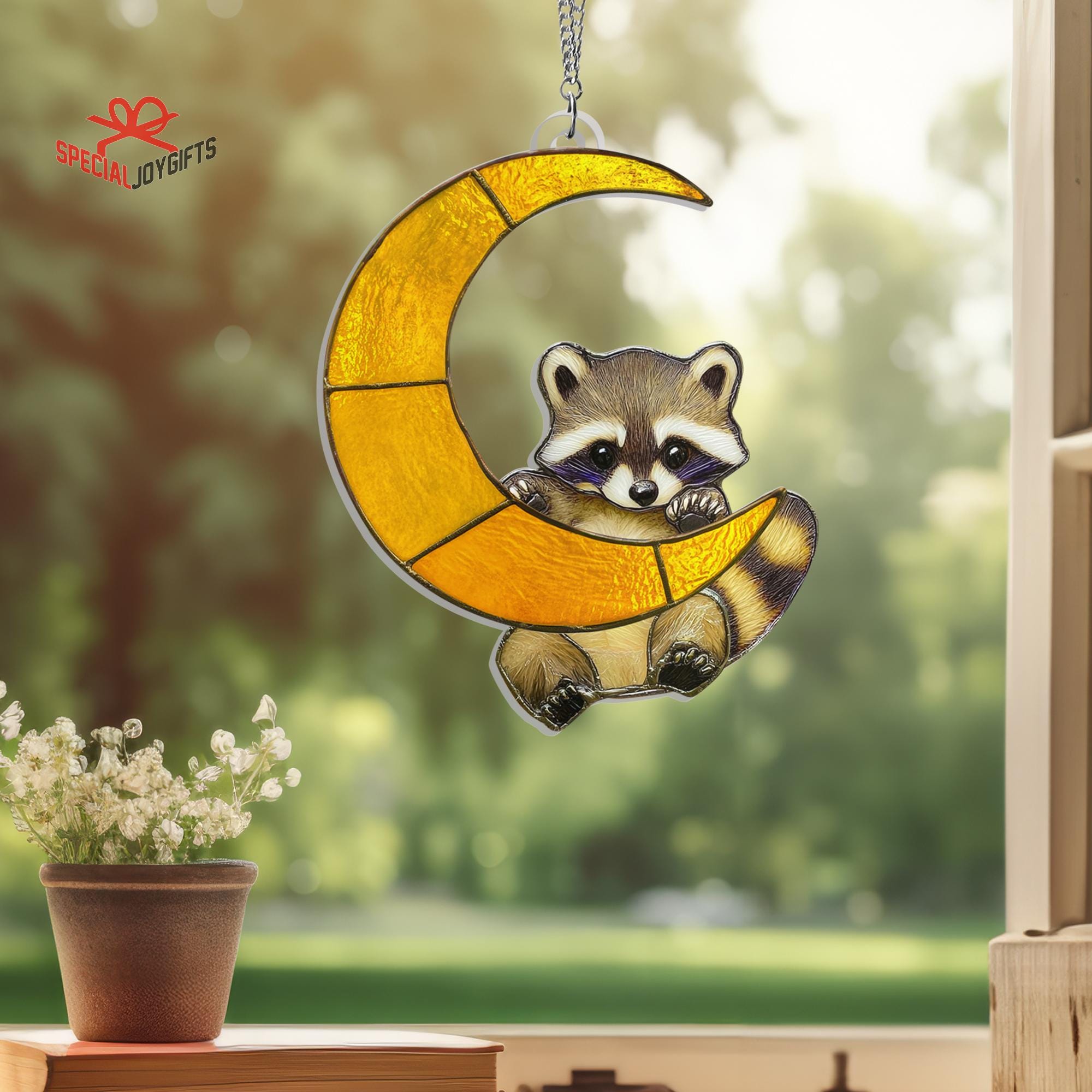 Raccoon on Moon Acrylic Suncatcher Window Hanging, Raccoon Suncatcher ...