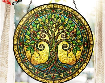 Celtic Tree of Life Suncatcher Hanging, Stained Glass Tree Of Life Suncatcher, Spriritual Gift Glass Window Hanging Family Gift,Nature Decor