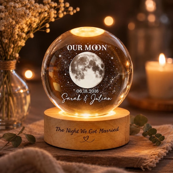 Personalized Moon Phase Crystal Ball Night Light, Anniversary Gift For Couple, Our Special Day Moon Lamp, Custom Night Sky By Date Gift