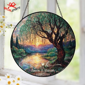 Custom Wedding Anniversary Gift, 9th Anniversary Willow Stained Glass Suncatcher, Willow Tree 9 Year Anniversary Gift,Suncatcher Couple Gift