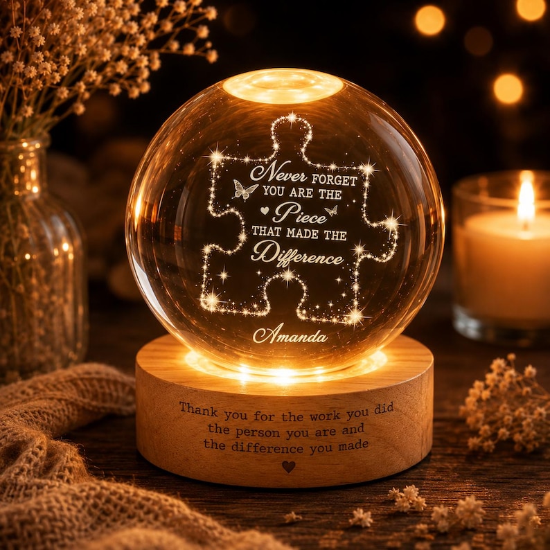 Personalized Crystal Ball Night Light, Thank You Gift for Coworker, Appreciation Gift, Teacher Gift, Employee Leaving Gift, Gifts for Mentor image 1
