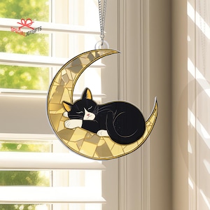 Tuxedo Cat Sleeping On The Moon Acrylic Suncatcher Window Hanging, Tuxedo Cat Window Decor, Cat Lover Gift, Tuxedo Cat Indoor Decor Ornament