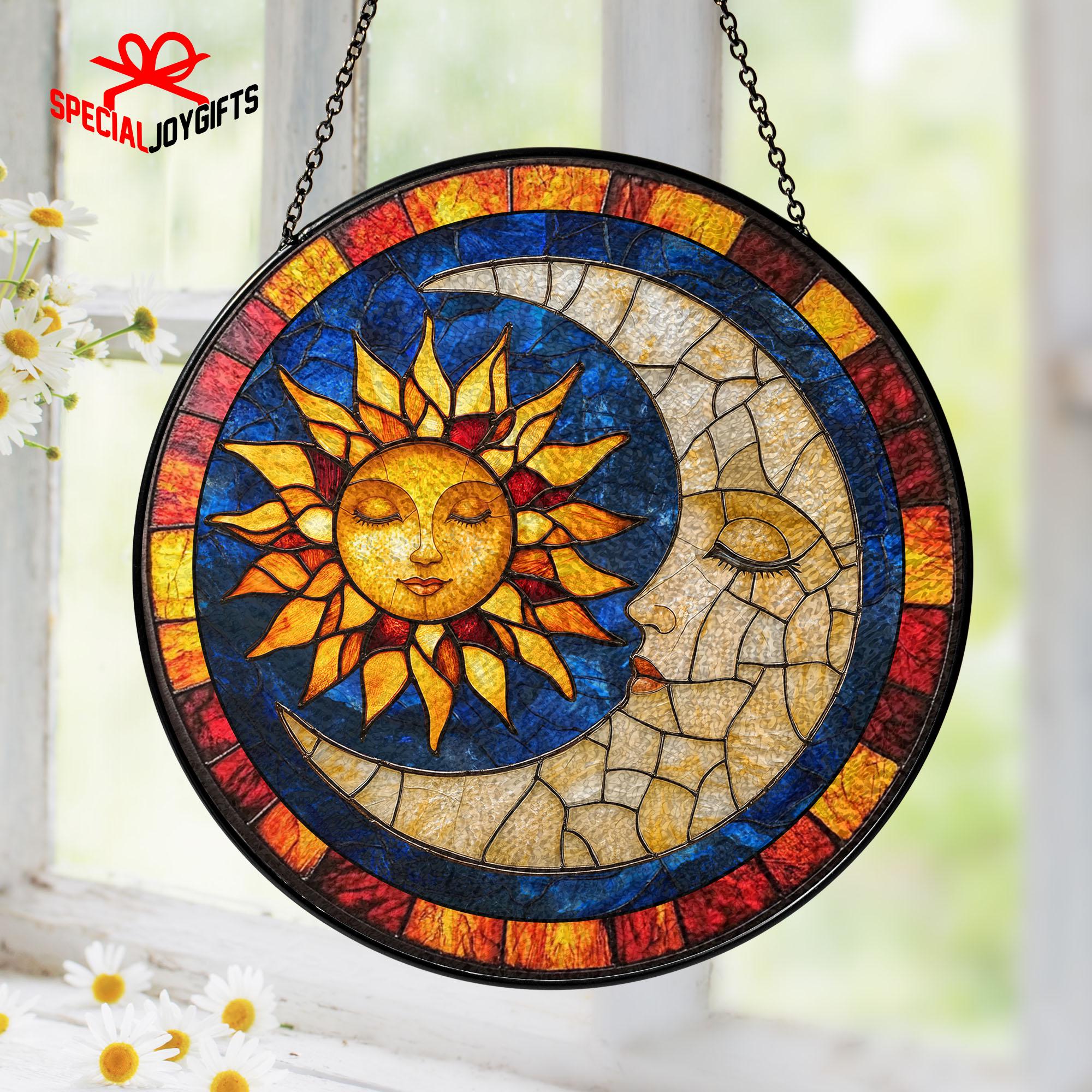 Sun & Moon Stained Glass SunCatcher with Stand, Sun and Moon with Faces Light Catcher, Celestial Window Hanging, Spiritual Home Decoration