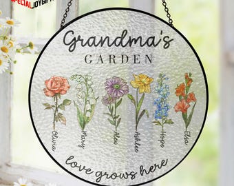 Personalized Grandma&#39;s Garden Gift For Grandma, Birthday Gift For Grandma, Nana Birth Month Flower Stain Glass Suncatcher, Grandma Gift Nana