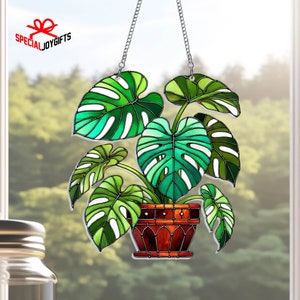 Monstera Leaves ACRYLIC Suncatcher, Monstera Plant Suncatcher Stained Glass Acrylic Window Hanging, Gift For Gardener, Home Decoration