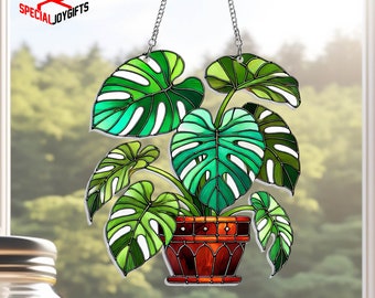 Monstera Leaves ACRYLIC Suncatcher, Monstera Plant Suncatcher Stained Glass Acrylic Window Hanging, Gift For Gardener, Home Decoration