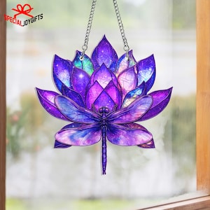 Lotus and Dragonfly Sun Catcher, Purple Flower Window Decor, Nature Inspired Home Decor, Perfect Gift for Garden Lovers
