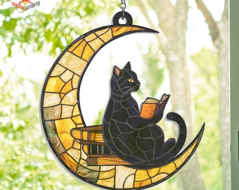Black Cat Reading Book On The Moon Acrylic Suncatcher Window Hanging, Cat Book Window Decor, Book Lover Gift, Indoor Decor, Librarian Gift