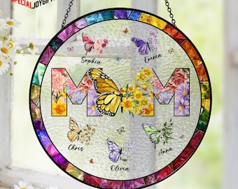 Atrapasueños de cristal personalizado para mamá, regalo del Día de la Madre, regalos para abuelas de parte de sus nietos, mariposa personalizada y flor del mes de nacimiento con los nombres de los niños.