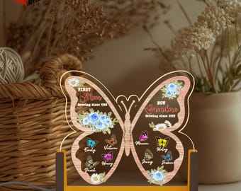 Personalized Gifts for Mom, Grandma Gifts, Custom Flower Butterfly Night Light, Gifts for Grandma from Grandkids, Gift for Mom, LED Light