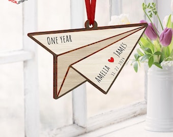 Paper Airplane Christmas Wood 2 Layers Ornament, 1st Wedding Anniversary Gift, Personalized Paper Traditional 1st Wedding Anniversary Gifts