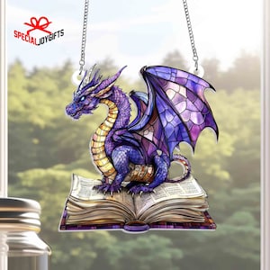 Book Dragon Suncatcher Ornament, Fantasy Dragon Acrylic Window Hanging, Dragon Wall Window Hanging Art Decoration, Bookish Home Decor