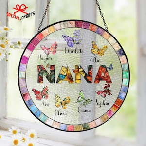 Personalized glass suncatcher with “NANA”, butterflies, flowers, and grandkids’ names – custom gift for grandmother