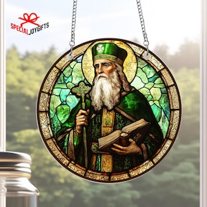 Saint Patrick Suncatcher Acrylic Window Hanging, Catholic icon of St Patrick, Religious Decor Gift, St Patricks Day Window Hangings, Irish