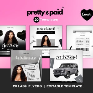 20 folletos de Lash Tech, publicaciones de Instagram de Lash Tech, kit de marca de Lash Tech, plantilla de Instagram de pestañas, plantilla de Canva, editable