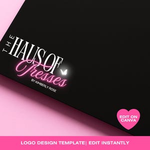 Op de afbeelding: Een zwart-wit logo ontwerp sjabloon voor een bedrijf genaamd "The Haus of Tresses by Kimberly Rose". Het logo bevat een roze vlinder en de tekst "Edit on Canva" in een roze hart.